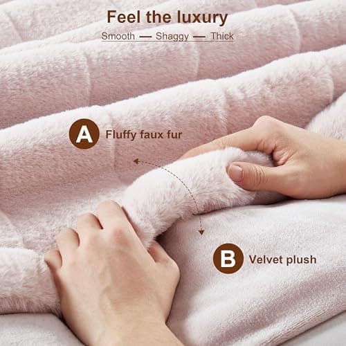 DREAMNINE Extra Large Premium Soft Fluffy Faux Rabbit Fur Blanket Full Size 70" x 80", Decorative Big 3D Plaid Warm Thick Fuzzy Bed Fur Blankets for Winter, Luxury Shaggy Cute Plush Furry Blanket,Pink - Thumbnail 4