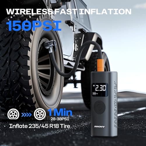 INNOVV P1 Portable Aluminum Tire Inflator 150PSI - 3X Faster Cordless Air Compressor with Auto-Shutoff, Electric Car Air Pump & Tire Pressure Gauge for Car, Motorcycle, Bike, Ball - Thumbnail 2