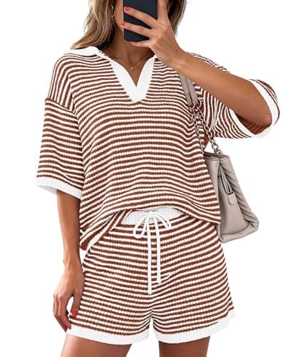 PRETTYGARDEN Women 2 Piece Lounge Sets Short Sleeve V Neck Striped Tops Drawstring Short Sets Beach Summer Outfits 2026(Striped Brown,X-Large) - Image 1
