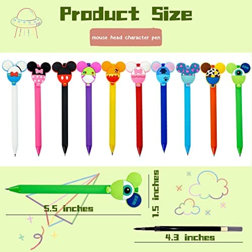 APQA 10pcs Mouse Head Character Ears Pens Set, Retr ctable Ballpoint Pen, Multi Color Jumbo Autograph Princess Pencil Signature Office Desk Stationary Accessories, Gift for Teacher Student - Thumbnail 3