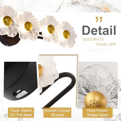 TYhogar 26.7" Black Bathroom Light Fixtures 5 Light Floral Bathroom Vanity Light, 3-Color Temperature Vanity Light Elegant Led Wall Lights Cordless Wall Sconces for Decor,Restroom,Livingroom,Bedroom - Thumbnail 5