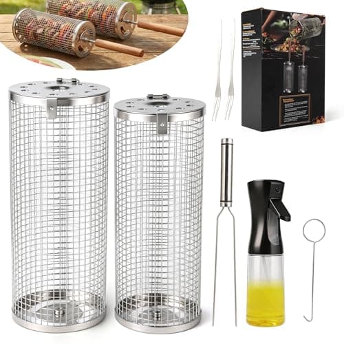 Rolling Grill Basket,7-Piece BBQ Set,Stainless Steel Grilling Basket with Lid and Removable Wooden Handle, BBQ Grill Accessories for Vegetables, Shrimp, Meat ,Outdoor Cooking Perfect Gifts for Men Dad Husband - Thumbnail 2
