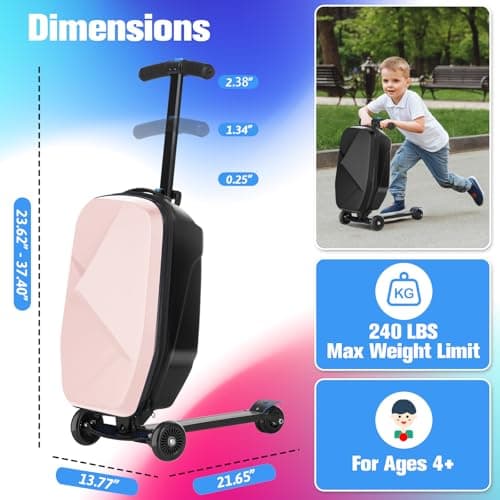 Scooter Luggage For Kids & Adults， Hardside Ride On Suitcase For Kids Ages 4-15 Multifunctional Lightweight Foldable Carry On Luggage With Wheels Ride On For Children Teenagers (Light Pink, 20") - Thumbnail 3