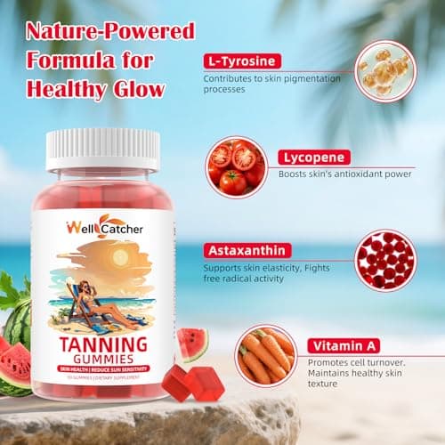 Tanning Gummies Supplement for Women Men: Daily Bronzing Tanning Gummies with Astaxanthin Beta-Carotene L-Tyrosine Lycopene, Melanin Supplement for Natural Glow Healthy Skin Sun Sensitivity Vegan 60CT - Thumbnail 6