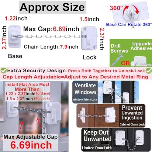 Bstsilver Child Proof Door Lock with Adjustable Strap, Cat Door Latch Holder, Keep Dog Out of Litter Box, Window Security Lock Babyproofing, Cabinet Chain Safety Lock for Toddler Dementia Pet, 2 Pack - Thumbnail 2