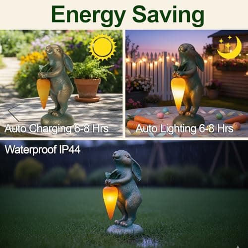 PETAFLOP Cute Garden Decor Bunny Statue with Solar Carrot, Outdoor Rabbit Figurines for Patio Balcony Lawn Porch Yard Decorations, Birthday Housewarming Gifts for Father Women Mom Grandma - Thumbnail 4
