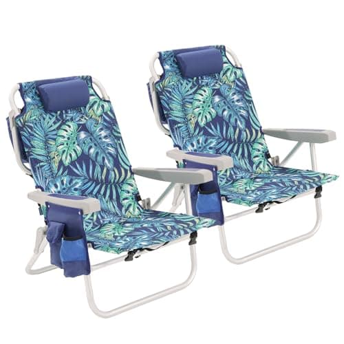 SUNNYFEEL Low Beach Chair 2 Pack, 5-Position Lay Flat Reclining, Backpack Portable Folding Chairs with Cooler Bag & Cup Holder, Heavy Duty 350 LBS, Compact for Beach, Camping, Travel