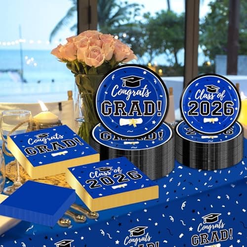 Labrostar Graduation Decorations 2026 Class of 2026 Congrats Grad Disposable Paper Plates Luncheon Napkins Cocktail Napkins Blue Graduation Party Supplies Serve 50 - Thumbnail 2