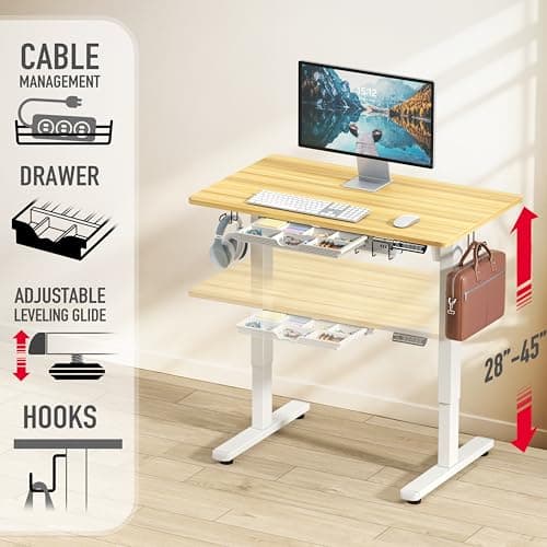 SHW 40-Inch Electric Height Adjustable Standing Desk with Drawer, Memory Preset and Cable Management Tray, Oak - Thumbnail 3