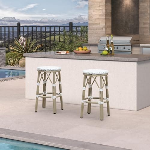 PURPLE LEAF Patio Round Counter Height Stool Set of 2 Outdoor Backless Barstools Aluminum Frame in Champagne Finish with White & Gray Woven Rattan for Indoor Kitchen Dining Bistros Cafe Restaurant - Image 1