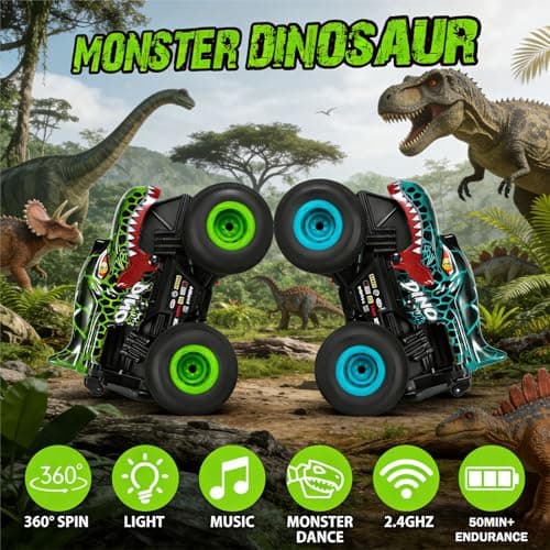 DYODYORC Remote Control Car, 2.4Ghz All Terrain Dinosaur Monster Truck Toys, RC Truck with Music, 3 Lighting Effects, 360 Stunt Capable, 2 Batteries Ready to Run, Toy Gifts for Boys and Girls (Green) - Thumbnail 3