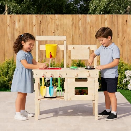 Outdoor Play Kitchen for Kids, Mud Kitchen with Water Faucet, Dual-Sided Chalkboard, Storage Shelves, Cups, Removable Sink, and Pretend Stove – Backyard Toddler Playset for Boys and Girls - Thumbnail 2