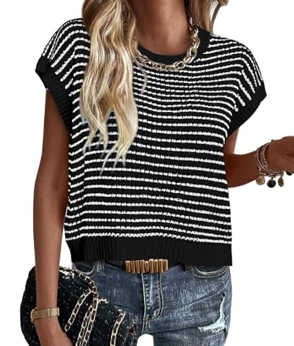 ATHMILE Sweater Vest Womens Short Sleeve Spring Summer Striped Round Neck Pullover Cap Sleeve Knit Cute Fashion Tops 2026 Black - Image 1