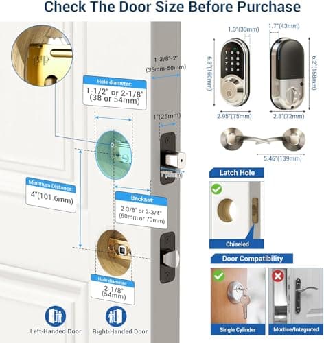 Veise RZ06B Smart Lock for Front Door, 2 Lever Handle Set, Keyless Entry Deadbolt, App Control, Electronic Digital Touchscreen Keypad, Auto Lock, IP54 Waterproof, Easy Installation, Satin Nickel - Thumbnail 6