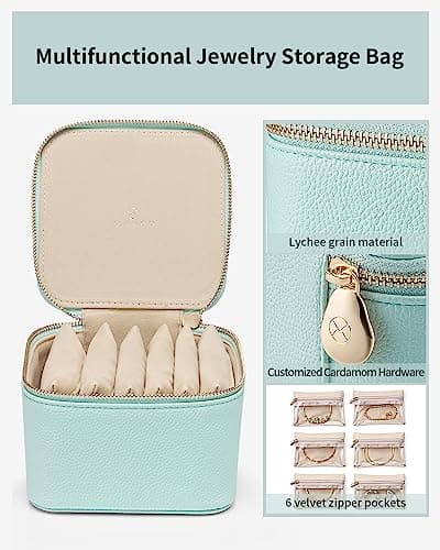 Vlando Travel Jewelry Box,Jewelry Travel Case with 6 Velvet Jewelry Zipper Pockets Travel Jewelry Organizer for Ring Bracelet Christmas Wedding Birthday Gifts for Wife Daughter Lake Blue - Thumbnail 5