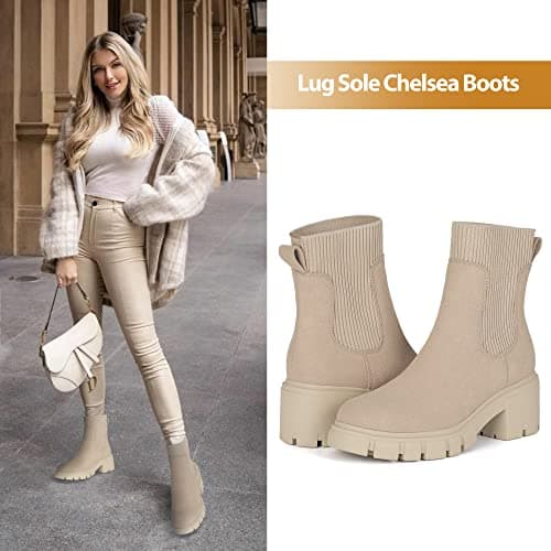 Athlefit Women's Chelsea Boots Fashion Slip on Platform Ankle Boots Lug Sole Chunky Booties - Thumbnail 2