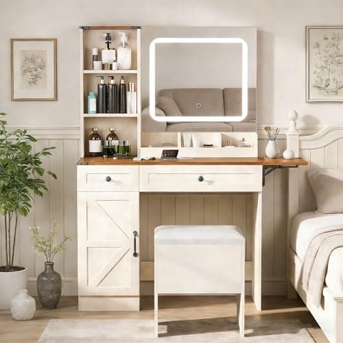 TJYGO Farmhouse Makeup Vanity Desk with Mirror and Lights, Vanity Set with Charging Station & 2 Drawers & Cabinets, Dressing Table with Stool for Bedroom - Image 1