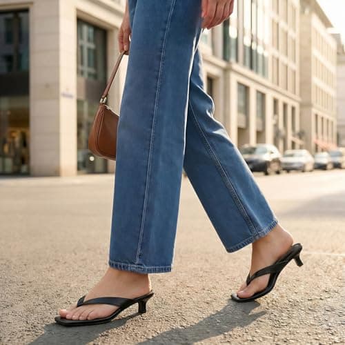 Athlefit Black Kitten Heels for Women Flip Flops Square Open Toe Summer Short Low Heels Slip On Dress Thong Sandals Black Size 8 - Thumbnail 3