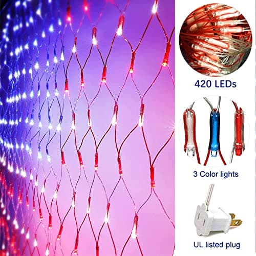 (New) American Flag Lights, Outdoor String Lights 420 LED Waterproof Led Flag Net Light Patriotic Ornaments for Outdoor Home Yard,Garden, Camping, Memorial Day, 4th of July, Christmas Decorations - Thumbnail 4
