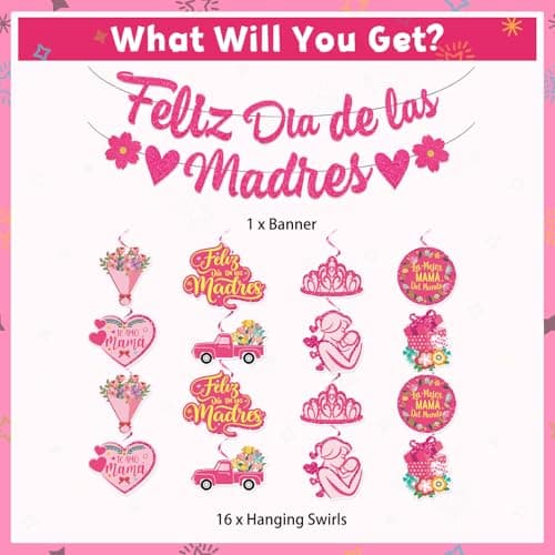 LARRAZABAL Feliz Dia De Las Madres Decorations, Mothers Day Decorations Includes Feliz Dia De Las Madres Banner and Hanging Swirls for Spanish Mother's Day Party Supplies - Thumbnail 4