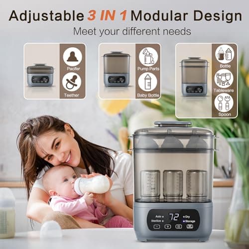 AMZBABYCHEF 4-in-1 Baby Bottle Steamer and Dryer, Electric Steamer with Fast Drying, Universal Fit for All Bottles, LED Touch Screen & Auto Shut-Off Protection (Grey) - Thumbnail 6