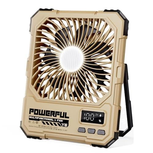NAOIY Portable Fan, Camping Fan, 20000mAh 6-Inch 18-85H Rechargeable Ultra Thin Foldable with Built-in Power Bank, LED Light, Remote Control, Hook for Outdoor Camping Tent Travel Emergency (Khaki)