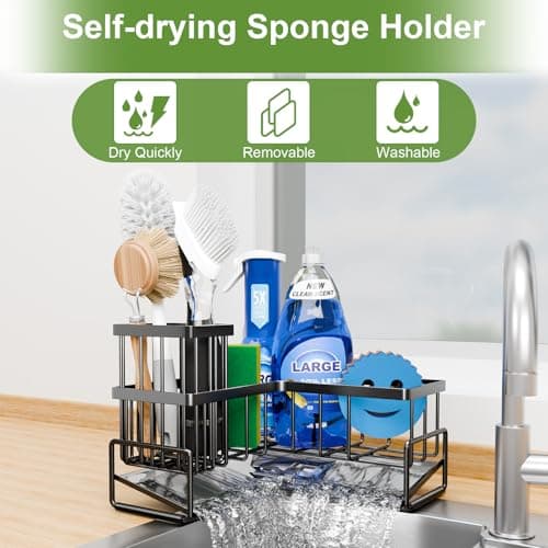 Fikoksol Large Sponge Holder for Kitchen Sink, 90-Degree Sink Caddy Organizer with Dish Brush Holder for Countertop Corner Storage Rack, Metal L-Shaped Kitchen Sink Sponge Soap Organizer Storage Ideas - Thumbnail 6