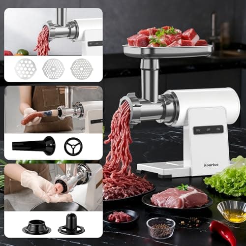 Kourice Electric Meat Grinder for Home Use, 2800W Peak Power, Heavy Duty Metal Body with Auto-Reverse, 2 Blades & 3 Grinding Plates, Sausage Stuffer & Kibbeh Kit, Easy Clean, White - Thumbnail 3