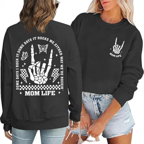 YHHR Mama Sweatshirts Mom Life Crewneck Sweatshirts Funny Mama Halloween Skeleton Rocker Graphic Sweatshirts Pullover Top Darkgrey - Image 1