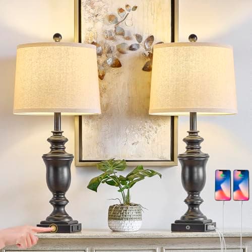 SAIWEYA 27.5" Set of 2 Farmhouse Table Lamps for Bedroom, 3 Way Dimmable Bedside Lamp with 2 USB +AC Outlet Nightstand Lamps for Living Room Resin Rustic Touch Lamps - Image 1