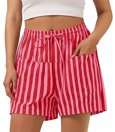 Aoysky Womens Striped Lounge Shorts High Waisted Drawstring Casual Summer Shorts Color Block Beach Bottoms with Pockets Wine Red - Image 1