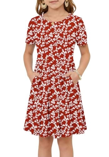 Girls Summer Short Sleeve Dress Kids Casual Crew Neck Pleated Loose A Line Swing Knee Length Cute Dress with Pockets White Floral Red XL - Image 1