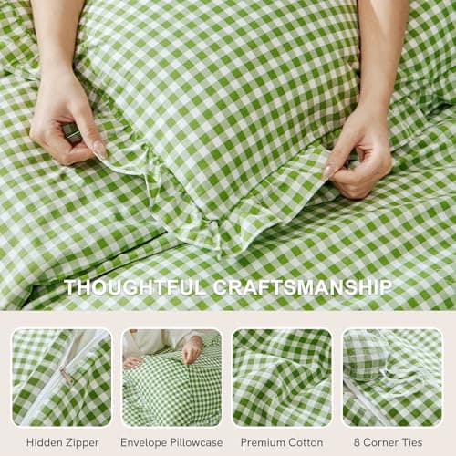 Yuncojin Ruffle Gingham Duvet Cover King Size Green/White,100% Cotton,Shabby Chic Checkered Plaid Comforter Cover Set,3-Piece Vintage Bedding,104"×90" - Thumbnail 5
