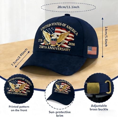 SOIMOE 250 Anniversary USA Hat for Men Women,Eagle Printed Adjustable Baseball Cap,Patriotic 250th Hat for Husband,Veteran(Blue) - Thumbnail 3