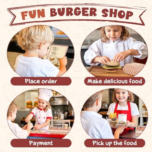 Lehoo Castle Wooden Play Food Sets, Play Hamburger Counter Shop, Toy Food for Toddlers, Play Food Sets for Kids Kitchen, Fake Food Pretend Play for Toddlers 3-5 - Thumbnail 3