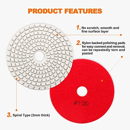 Wet Diamond Polishing Pad Set,BRSCHNITT 6pcs 4 inch #100 for Stone Marble Quartz Granite Sanding Disc Polisher Pads Kit Tools for Wet Grinder Polisher,Countertop Polish,Grinder - Thumbnail 3