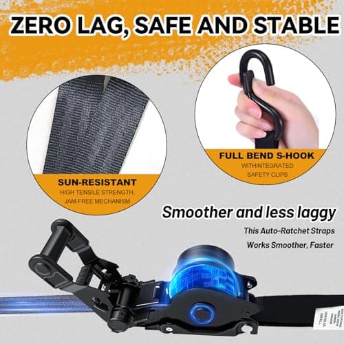 1800LB Retractable Ratchet Straps with Soft Loops(2 Pack), 1" x 12FT Heavy Duty Auto Self Retracting Tie Down Straps for Trucks, Motorcycle, Cargo, Trailer, Moving-Black - Thumbnail 6