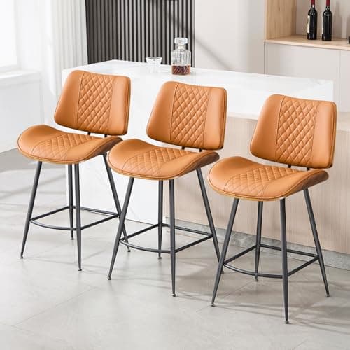 BERYTH Counter Height Barstools Set of 3, 26.9" Armless Stools with Metal Legs, Walnut Pub Chair in Modern Style,PU Leather Bentwood Bar Chair for Home Counter, Kitchen Dining Island,Cafe(WhiskyBrown) - Thumbnail 4