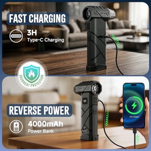 MTOX Compressed Air Duster, 150,000RPM Super Power Rechargeable Electric Air Duster, Blower, 2in1 Vacuum, 4-Gear Adjustable,2 Swappable Battery, LED, for Keyboard, PC, Car, Home (Frosted Black) - Thumbnail 5
