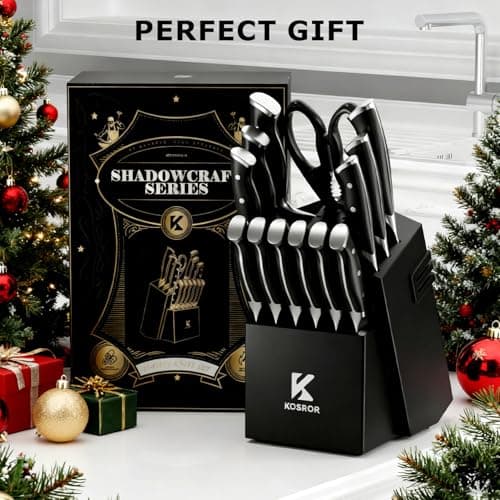 KOSROR Kitchen Knife Set with Block: 15-Piece German Stainless Steel with Dual Sharpener for Beginners - Covers 95% Kitchen Tasks - Black Full-Tang Ergonomic Handle, Dishwasher Safe, Easy to Use - Thumbnail 6