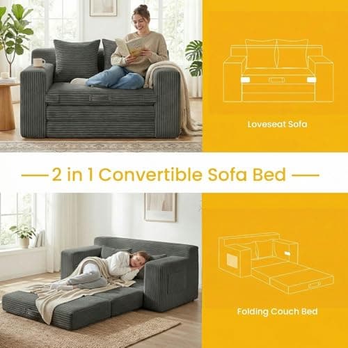 Boneless Loveseat Sleeper Sofa Bed: 3-in-1 Convertible Sofa Bed with Side Pockets & Handle,Pull Out Couch with 2 Pillows,Folding Futon for Small Space,Living Room & Bedroom,Corduroy Fabric,No Assembly - Thumbnail 4