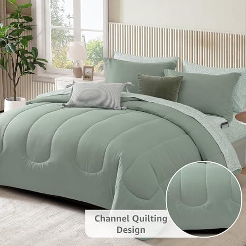 Monbix Full Comforter Set - 7 Pieces Sage Green Bed in a Bag Full Size Track Stitching Bedding Sets, All Seasons Comforter with Sheets,Pillowcases & Shams - Thumbnail 2