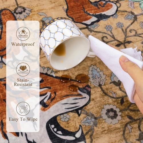 Ileading Vintage Oriental Tropical Jungle Hippie Tiger Area Rug 3x5 Non Slip Carpet for Living Room Brown Soft Low-Pile Thin Machine Washable Accent Floor Mat for Bedroom Dining Room - Thumbnail 5