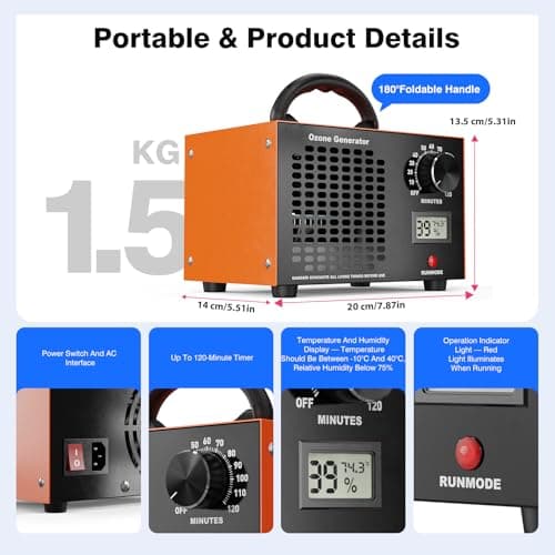 Ozone Generator Odor Eliminator Machine - 2-In-1 Air Ionizer Purifier 160,000mg/H High Capacity O3 Deodorizer With Temp/Humidity Display, Ozonator For Home, Car, House, Hotel, Kitchen, & Pet Areas - Thumbnail 4