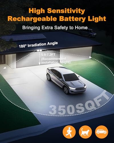 Rechargeable Motion Sensor Outdoor Light, Battery Operated Lights with 2500LM & 4000LM Dual Modes, USB Charging Wireless Flood Light, Waterproof LED Security Lights for Garage, Yard, Shed, Porch - Thumbnail 5
