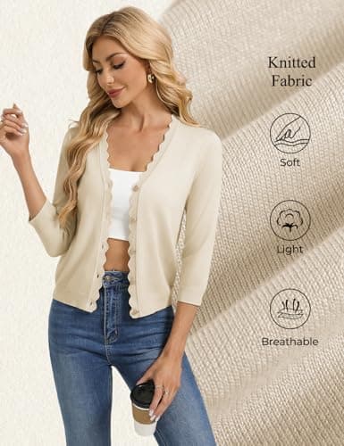 GRACE KARIN Beige Cardigan Sweater for Women Dressy Casual Bolero Shrugs Lightweight 3/4 Sleeve Cropped Open Front Knit Blazer - Thumbnail 5