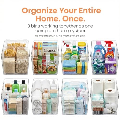 MOONEDGE 8 Pack Clear Plastic Storage Bins, 12 x 8 x 6in Stackable Pantry Organizer Cabinet Containers for Under-Sink Storage, Kitchen, Fridge, Bathroom and Home Organization - Thumbnail 4