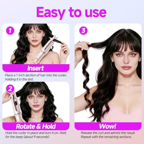 DYHOO Professional Automatic Curling Iron,4 Heat Settings, 1.25” Rotating Curling Wand for Long Loose Curls & Beach Waves, Ionic Ceramic Hair Curler, Anti-Scald & Tangle-Free, Dual Voltage, Pink - Thumbnail 3