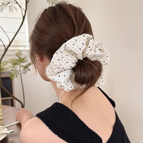 Jseng 2PCS Large Scrunchies for Hair, Polka Dot Hair Ties, Beige and Black - Thumbnail 4