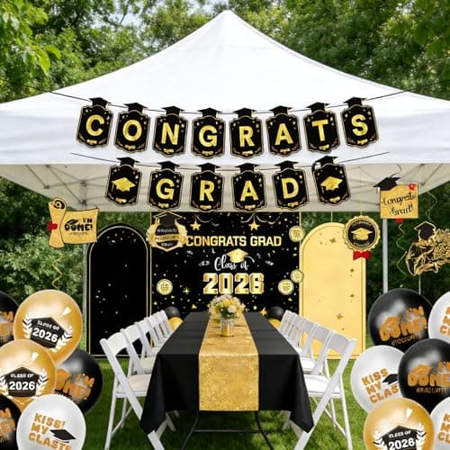 Graduation Decorations 2026 Gold Themed Set Class of 2026 Congrats Grad Banner Balloons Honeycomb & Streamers Kit Graduation Party Decorations for School and College Celebrations - Thumbnail 5